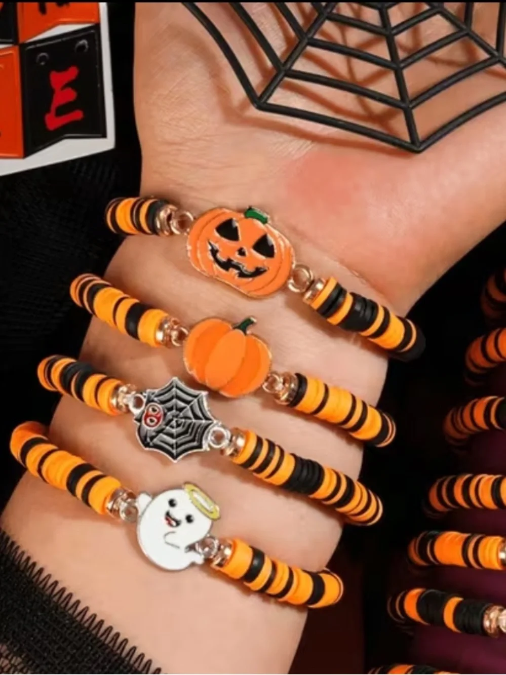 Halloween Kids Spider Web Bracelet- Orange & Black NEW NWT